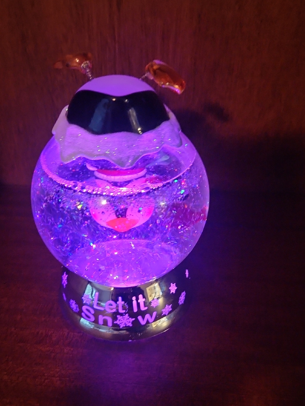 Glowing Penguin Snow Globe - Teal "Let it Snow"